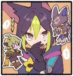 ! 1girl 2boys ? ahoge animal_ears animal_hat black_gloves black_hair black_headwear blunt_ends border brown_background brown_dress brown_eyes brown_thighhighs cape capelet chibi chibi_inset closed_mouth collei_(genshin_impact) covering_own_mouth cyno_(genshin_impact) dark-skinned_male dark_skin drawstring dress earrings egyptian_clothes fake_animal_ears flower fox_ears genshin_impact gloves green_capelet green_eyes green_hair grey_hair hair_between_eyes hair_ornament hair_over_one_eye hand_up hat hood hood_down hoodie jackal_ears jewelry long_sleeves looking_at_viewer medal medium_hair multicolored_clothes multicolored_eyes multicolored_hair multiple_boys nploser one_eye_covered red_eyes short_hair simple_background single_earring smile speech_bubble spoken_exclamation_mark spoken_question_mark streaked_hair sweatdrop thigh-highs tighnari_(genshin_impact) v-shaped_eyebrows violet_eyes white_border white_flower yellow_cape 