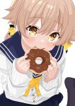  1girl absurdres blonde_hair blue_archive blush bow cardigan doughnut eating food hair_bow hifumi_(blue_archive) highres holding holding_food long_sleeves low_twintails pantyhose sailor_collar sitting skirt solo twintails user_xnrc4325 wariza yellow_eyes 