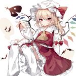  1girl arm_support ascot bat_(animal) blonde_hair blush bow commentary_request feet_out_of_frame flandre_scarlet flat_chest frills hat hat_bow highres holding holding_weapon juliet_sleeves laevatein_(touhou) long_sleeves looking_at_viewer mob_cap parted_lips petticoat puffy_sleeves red_bow red_eyes red_skirt red_vest shirt short_hair side_ponytail simple_background skirt slit_pupils solo sorani_(kaeru0768) touhou vest weapon white_background white_headwear white_shirt wings yellow_ascot 