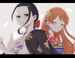  2girls ^_^ black_hair blue_eyes closed_eyes commentary_request crossed_arms floral_print flower hair_ornament hair_ribbon haori highres japanese_clothes kimono letterboxed long_hair looking_at_viewer low_ponytail multiple_girls nami_(one_piece) nico_robin one_piece orange_hair petals ponytail red_kimono ribbon sa_wint sidelocks sleeveless sleeveless_kimono smile 