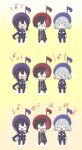  3boys :d :o ^_^ annoyed arms_at_sides black_jacket bob_cut boots buttons chibi closed_eyes double-breasted facing_viewer frown gloom_(expression) goma_sodapop grey_hair hair_ornament happy hizen_tadahiro honebami_toushirou jacket lineup long_hair long_sleeves looking_at_viewer male_focus multicolored_hair multiple_boys music musical_note musical_note_hair_ornament namazuo_toushirou outline pants ponytail purple_jacket purple_pants redhead short_hair simple_background singing smile standing touken_ranbu trembling two-tone_hair very_long_hair white_outline yellow_background 