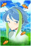1boy air_bubble androgynous blue_hair blue_sky bubble clouds clownfish fish frutiger_aero green_eyes green_hair headphones highres looking_at_viewer looking_back male_focus multicolored_hair nature ocean original outdoors sharki00 sky smile solo underwater water