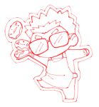  1boy acrylic_stand apron chibi doughnut food full_body glasses holding holding_tray long_sleeves lowres male_focus monochrome motoori_shiro opaque_glasses outstretched_arms red_theme short_hair solo spread_arms thick_eyebrows tokyo_afterschool_summoners tray tyou white_background 
