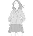  1girl artist_request bad_drawr_id bad_id buttons character_request copyright_request cowboy_shot greyscale hands_in_pockets jacket long_sleeves looking_to_the_side medium_hair monochrome parted_lips pleated_skirt shirt simple_background skirt solo standing white_background 