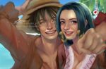  1boy 1girl 2017 black_hair blue_eyes boa_hancock chabii_art clenched_hand closed_eyes earrings hand_on_headwear hat heart jewelry lips lipstick long_hair long_sleeves looking_at_viewer makeup monkey_d._luffy one_piece open_clothes outdoors realistic red_lips red_shirt scar scar_on_cheek scar_on_chest scar_on_face shirt short_hair signature smile snake_earrings straw_hat teeth web_address 