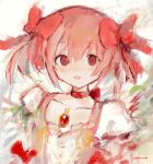  1girl abstract_background bow bow_choker buttons chest_jewel choker collarbone dress frilled_dress frilled_sleeves frills gem hair_bow highres kaname_madoka light_blush looking_at_viewer magical_girl mahou_shoujo_madoka_magica mahou_shoujo_madoka_magica_(anime) open_mouth pink_bow pink_dress pink_eyes pink_hair puffy_short_sleeves puffy_sleeves red_bow red_choker red_gemstone short_hair short_sleeves short_twintails signature solo tabmur twintails upper_body white_background white_sleeves 