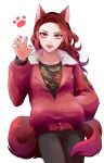  1girl absurdres akame_(ryuu_ga_gotoku) animal_ears black_pants black_shirt cowboy_shot earrings fingernails hand_in_pocket hand_up highres jacket jewelry long_hair long_sleeves me_8jo open_mouth pants red_eyes red_jacket red_nails redhead ryuu_ga_gotoku_(series) ryuu_ga_gotoku_7_gaiden sharp_fingernails shirt simple_background smile solo standing tail white_background 