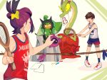  2boys black_hair brown_hair closed_eyes fangs florian_(pokemon) highres holding hydrapple kieran_(pokemon) male_focus multicolored_hair multiple_boys ogerpon open_mouth paper pecharunt pokemon pokemon_(creature) pokemon_sv purple_hair racket red_tank_top rock shoes shorts simple_background sitting socks standing sweat tank_top vank_le white_tank_top 