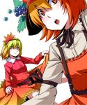  aki_minoriko aki_shizuha belt blonde_hair curtsey dress dress_lift food fruit grapes hairband hat leaf multiple_girls orange_eyes orange_hair saya_(sayamendo) short_hair siblings sisters suspenders touhou 