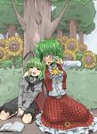  against_tree antennae ascot belt blush book cape caught flower green_hair kazami_yuuka kujira_lorant kujira_rooran looking_at_viewer multiple_girls nature open_mouth plaid plaid_skirt plaid_vest red_eyes short_hair shorts sitting skirt skirt_set sleeping sunflower surprised touhou tree wriggle_nightbug 