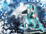  aqua_hair detached_sleeves green_eyes hands_on_headphones hatsune_miku headphones highres kotobuki_konomi long_hair necktie sitting skirt solo thigh-highs thighhighs twintails very_long_hair vocaloid wariza 