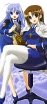  absurdres ahoge blue_eyes blue_hair book book_of_the_azure_sky brown_hair chair crossed_legs hair_ornament hairclip highres legs long_hair long_image magic_circle mahou_senki_lyrical_nanoha_force mahou_shoujo_lyrical_nanoha mahou_shoujo_lyrical_nanoha_strikers multiple_girls nyantype official_art pantyhose reinforce_zwei schwertkreuz short_hair silver_hair sitting stick_poster tall_image thigh-highs tome_of_the_night_sky uniform white_legwear white_thighhighs yagami_hayate 