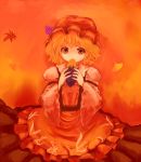  autumn dress eating food fruit grapes hal360 holding holding_fruit orange_(color) orange_eyes orange_hair solo sweet_potato touhou wide_sleeves yakiimo yam 