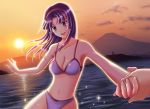  black_hair breasts brown_eyes cleavage dragging dutch_angle hairband hime_cut holding_hands long_hair looking_at_viewer mikii navel original pov solo sunset swimsuit 