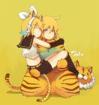  animal_costume animal_ears blonde_hair blue_eyes bow carrying cat_ears cat_tail glider_(artist) guraida hair_bow headphones kagamine_len kagamine_rin princess_carry siblings tail tiger_costume tiger_print twins vocaloid 