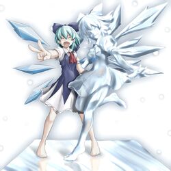  ao_usagi bad_feet barefoot blue_eyes blue_hair bow cirno closed_eyes fang hair_bow ice ice_sculpture sculpture short_hair solo touhou v wings 