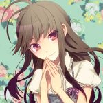  black_hair brown_eyes brown_hair colored_eyelashes eyelashes flower hands_clasped hands_together head_tilt long_hair lowres macco original red_eyes ribbon smile solo steepled_fingers 