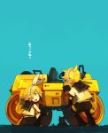  blue_eyes brother_and_sister cat glider_(artist) guraida hair_ribbon headphones kagamine_len kagamine_rin open_mouth pointing ribbon short_hair siblings sitting steamroller translated twins vocaloid 