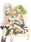  barefoot blonde_hair blue_hair bow braid detached_sleeves feet frog girl_sandwich green_hair grey_hair hair_ornament hug izayoi_sakuya kirisame_marisa knitting kochiya_sanae long_hair maid maid_headdress multiple_girls no_hat no_headwear no_shoes short_hair sitting tes_(unpre) touhou twin_braids 