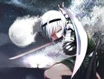  bandages dual_wielding fk foreshortening green_eyes hairband highres konpaku_youmu moon mouth_hold scabbard sheath short_hair silver_hair solo sword torn_clothes touhou tree weapon white_hair wince wink 