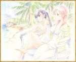  agahari barefoot beach bikini black_hair brown_eyes cleavage eyepatch large_breasts long_hair minna-dietlinde_wilcke multiple_girls navel one-piece_swimsuit palm_tree ponytail red_eyes red_hair redhead sakamoto_mio school_swimsuit sitting strike_witches swimsuit traditional_media tree water white_school_swimsuit 