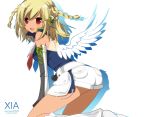 :d beatmania beatmania_iidx blonde_hair braid detached_sleeves headphones hot_pants kneeling open_mouth red_eyes short_shorts shorts simple_background smile solo syno wings xia 