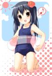  brown_eyes flower hair_flower hair_ornament hibiscus innertube k-on! karaage3 long_hair musical_note nakano_azusa one-piece_swimsuit school_swimsuit sun swimsuit twintails young 