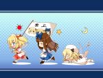  bangs blonde_hair blue_eyes blunt_bangs brown_hair chibi closed_eyes crescent crescent_moon drill_hair fairy_wars fallen_down fang flag halftone halftone_background long_hair luna_child moon ribbon single_shoe slippers star star_sapphire sun sun_(symbol) sunny_milk touhou tripping twintails wings yamasan yousei_daisensou 