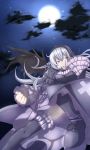  black_legwear black_rose black_thighhighs bow breasts cloud clouds dress flower full_moon gothic_lolita highres lolita_fashion long_hair moon night purple_eyes ribbon rose rozen_maiden silver_hair solo star suigintou tebakan thigh-highs thighhighs violet_eyes wings 