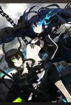  absurdres belt bikini_top black_dress black_hair black_rock_shooter black_rock_shooter_(character) blue_eyes chain curly_hair dead_master dress flat_chest front-tie_top glowing glowing_eyes green_eyes highres horns long_hair midriff multiple_girls navel penguin_caee shorts smile twintails 