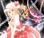  bad_id blonde_hair bow chain flandre_scarlet hat kishi_naon red_eyes short_hair side_ponytail solo touhou wings 