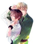  arm_up axis_powers_hetalia bdsm belt blonde_hair bondage brown_eyes brown_hair chain cuffs dress_shirt georges_meunier gloves green_eyes hand_cuffs handcuffs hands hug hug_from_behind jacket japan_(hetalia) male multiple_boys necktie shirt short_hair simple_background united_kingdom_(hetalia) yaoi 