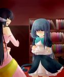  bare_shoulders black_hair blue_hair book bookshelf bow cat_tail closed_eyes dress elbow_gloves featherine_augustus_aurora frederica_bernkastel gloves grimace highres hikusa horns long_hair multiple_girls purple_eyes tail umineko_no_naku_koro_ni violet_eyes 