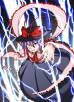 blue_hair breasts danmaku electricity frills hat highres large_breasts long_skirt nagae_iku pointing red_eyes ribbon shawl skirt smile solo touhou try