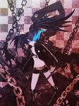  belt bikini_top black_hair black_rock_shooter black_rock_shooter_(character) blue_eyes boots chain chains glowing glowing_eyes highres long_hair shorts solo star sword terujun twintails uneven_twintails weapon 