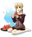  blonde_hair eating fate/stay_night fate_(series) food fruit green_eyes holding holding_fruit saber watermelon zanshi 