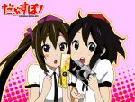  black_eyes blush_stickers brown_eyes brown_hair camera cellphone cosplay derivative_work double_spoiler hat himekaidou_hatate himekaidou_hatate_(cosplay) hirasawa_yui k-on! multiple_girls nakano_azusa parody phone shameimaru_aya shameimaru_aya_(cosplay) style_parody tokin_hat touhou twintails yane_ura 