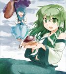  ariori_haberi bad_id blue_hair detached_sleeves frog green_eyes green_hair hair_ornament kochiya_sanae long_hair multiple_girls open_hands short_hair tatara_kogasa tongue touhou ufo umbrella 