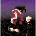  hat original red_eyes red_hair redhead shino_(blackalice) sitting smile solo star thighhighs witch witch_hat 