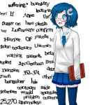  1girl 4chan ? blue_eyes blue_hair captcha-tan drawfag glasses inglip necktie original personification question_mark recaptcha short_hair skirt thighhighs 