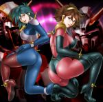  allenby_beardsley ass blue_eyes blue_hair bodysuit brown_hair earrings g_gundam gundam highres jewelry mecha mobile_trace_suit nobel_gundam rain_mikamura rising_gundam short_hair toten_(artist) 