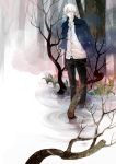  artist_request claire_youxi feet_in_water ginko male mushishi soaking_feet solo tree wading water white_hair 