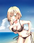  bikini blonde_hair breasts brown_eyes cleavage leaning_forward nyan_sensei original polka_dot polka_dot_bikini polka_dot_swimsuit solo swimsuit 