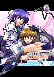  ec_divider_code-996 gauntlets gloves green_eyes gunblade headband inline_skates knee_pads mach_caliber magic_circle mahou_senki_lyrical_nanoha_force mahou_shoujo_lyrical_nanoha open_mouth purple_hair revolver_knuckle roller_skates short_hair shorts skates steed subaru_nakajima thoma_avenir tohma_avenir weapon zakkii 