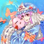  butterfly crossover discharge_cycle hat kirby kirby_(series) m.u.g.e.n pink_hair red_eyes ribbon saigyouji_yuyuko short_hair touhou 