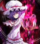  bow broken_glass cup dress glass glowing glowing_eyes grin hair_over_one_eye hat highres red_eyes remilia_scarlet ribbon smile solo tears touhou wei_(hoshieve) wine_glass 