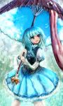  bad_id blue_eyes dot_heit eyes heterochromia karakasa karakasa_obake open_mouth oriental_umbrella petticoat rain red_eyes solo tatara_kogasa tongue touhou umbrella 