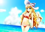  ball beachball bikini blonde_hair blue_eyes hat long_hair ocean solo sun_hat swimsuit touhou wading water yakumo_yukari yube_(skyhacker) 