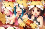  animal_ears brown_hair cat_ears closed_eyes fang food green_hair hat koihime_musou long_hair mike_(koihime_musou) nemo_(piisukun) pink_hair red_eyes shamu short_hair tora_(koihime_musou) twintails 