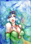  bad_id bare_shoulders blue_eyes breasts cape cleavage detached_sleeves final_fantasy final_fantasy_iv green_hair hair_ornament jewelry juri_(artist) jurithedreamer lips lowres necklace rydia solo sparkle star traditional_media watercolor_(medium) 